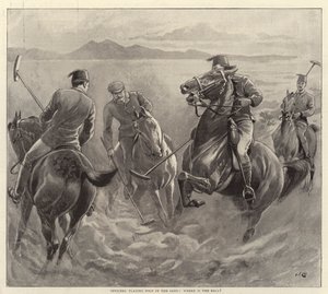 Oficiais jogando polo na areia, onde está a bola